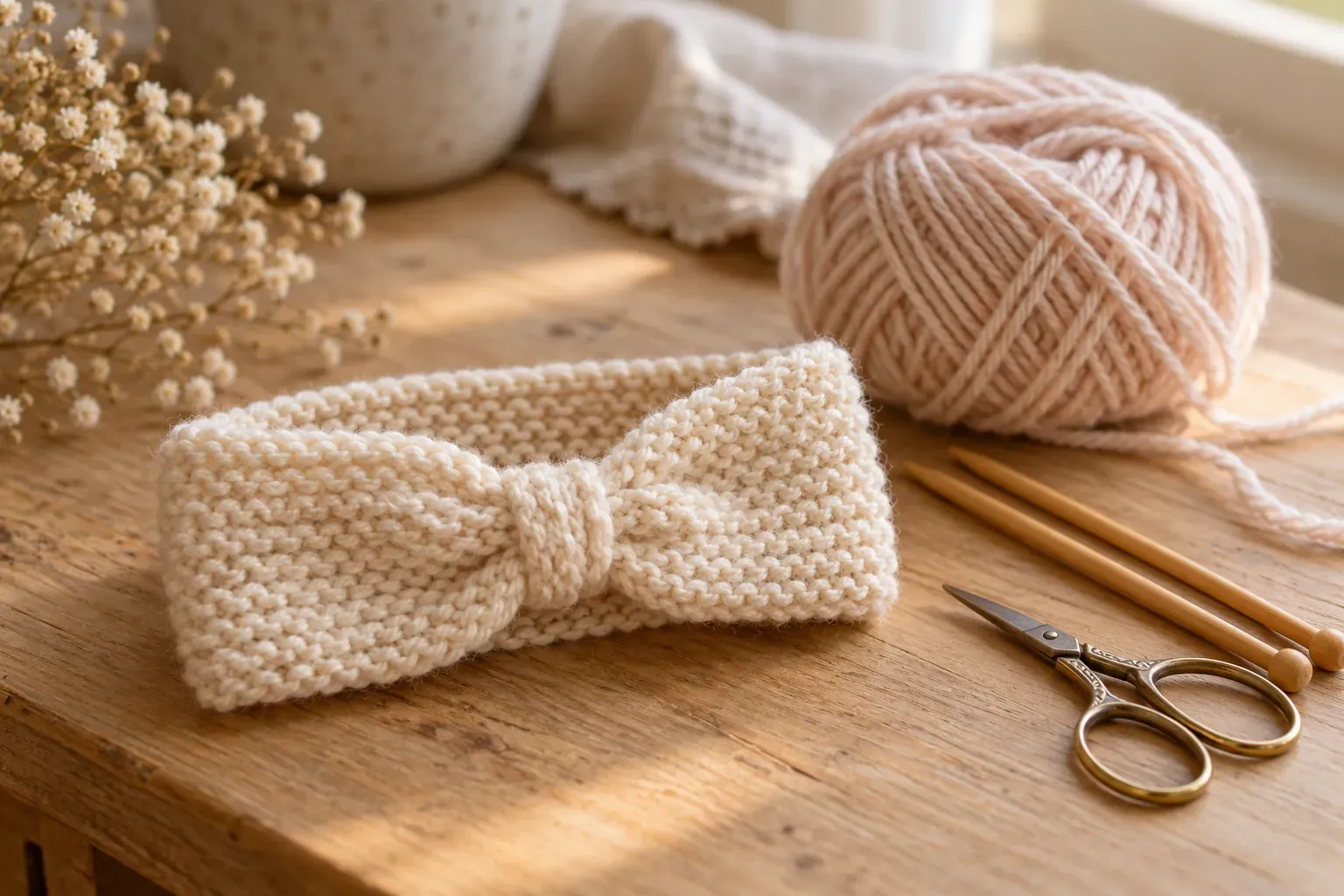 Bandeau bébé tricoté au point mousse avec petit nœud, posé près d'une pelote et d'aiguilles