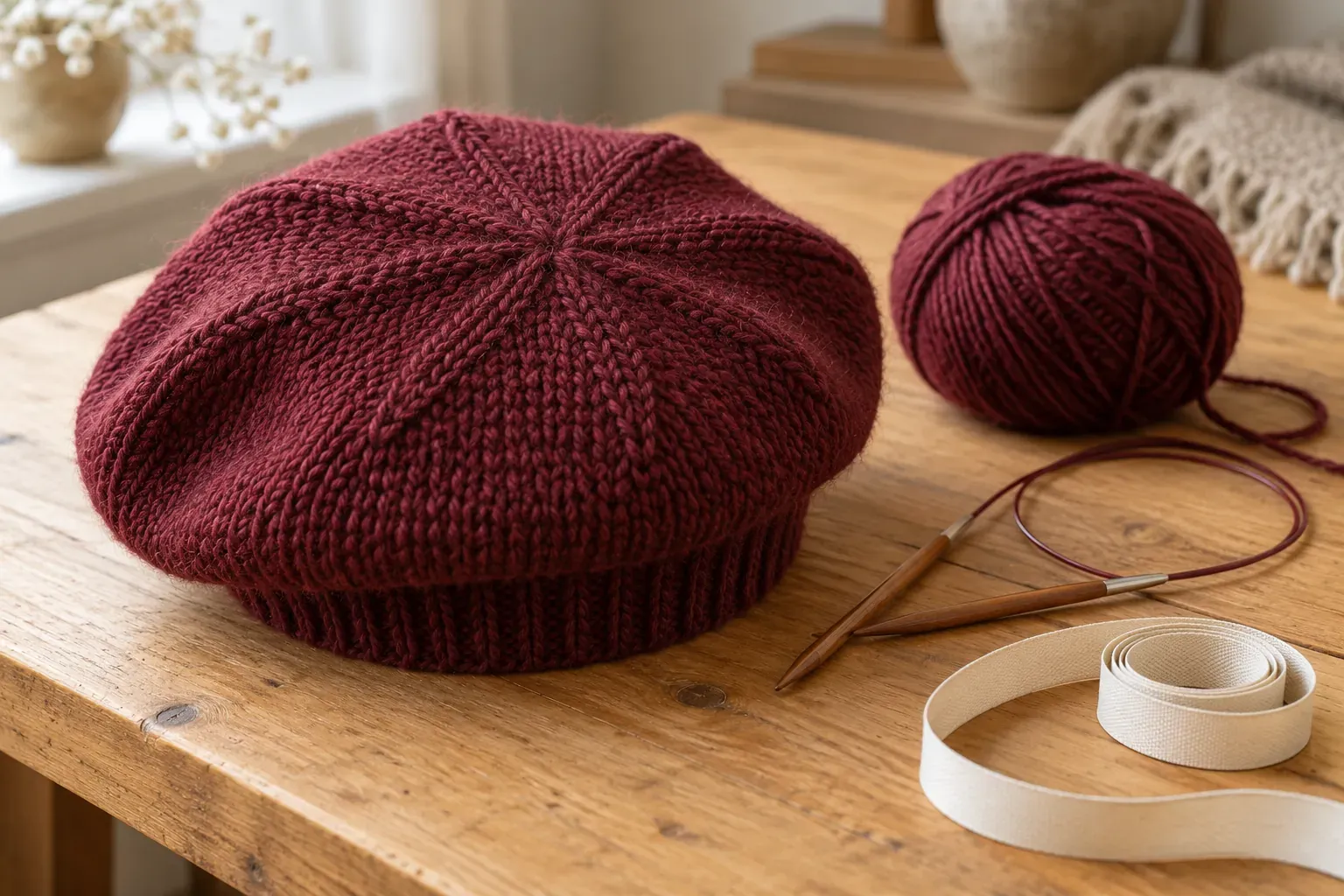 Béret femme tricoté en laine bordeaux posé sur une table avec aiguilles et pelote