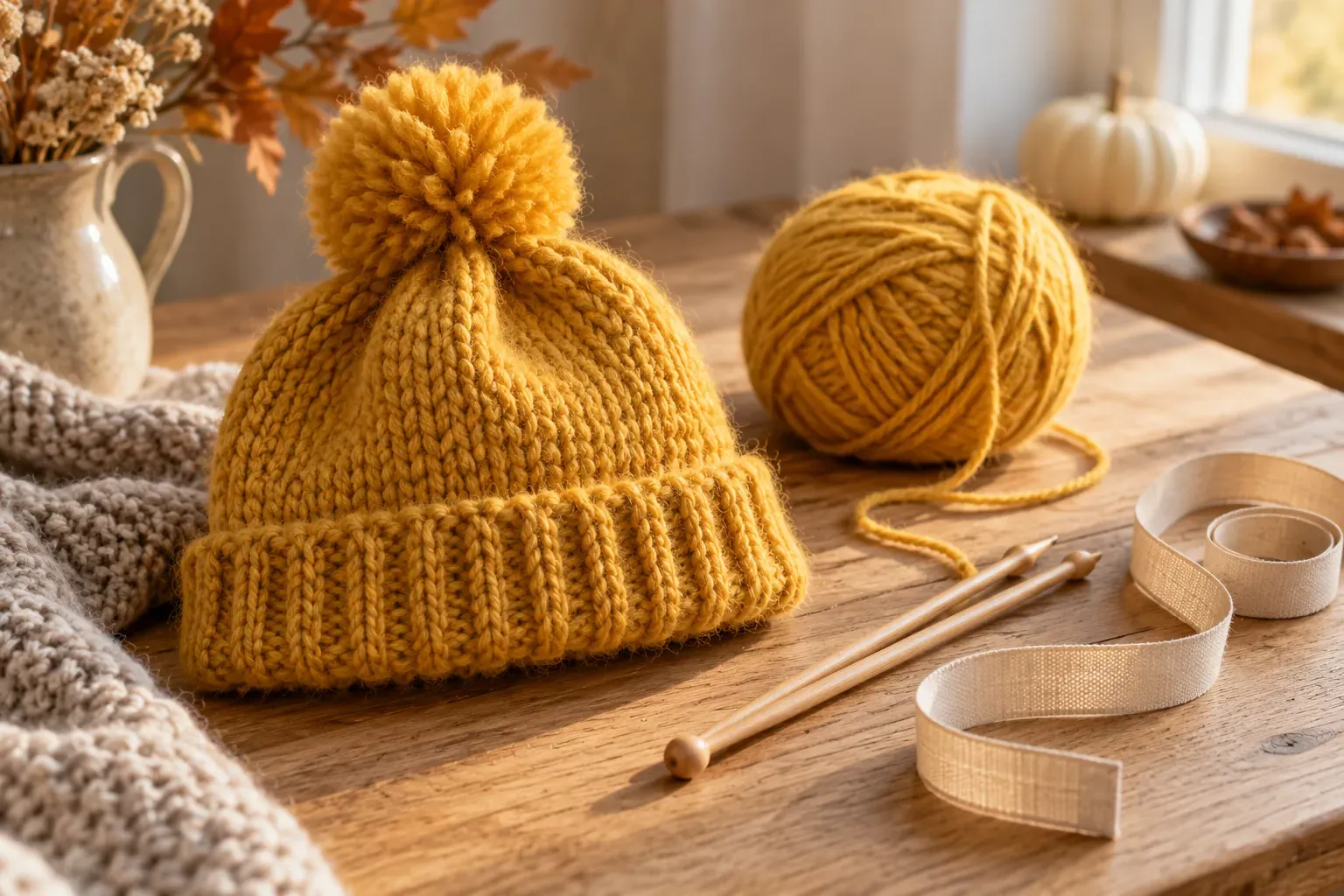 Bonnet d'enfant tricoté en laine jaune moutarde avec pompon, posé près d'une pelote et d'aiguilles