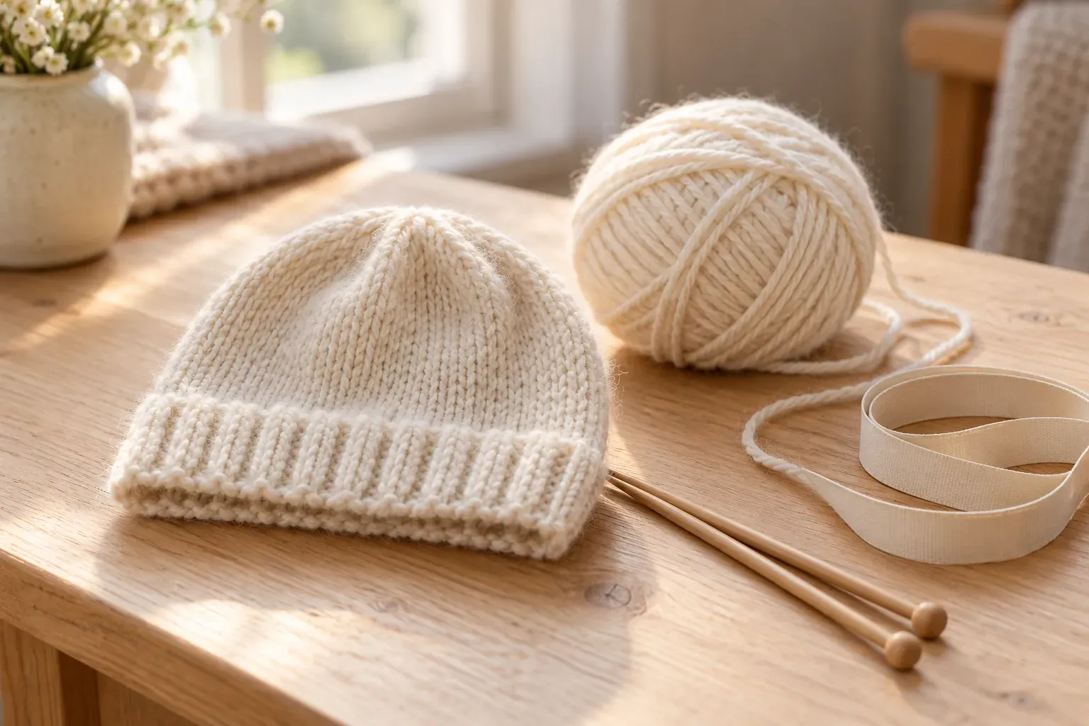 Petit bonnet bébé tricoté en laine douce, posé près d'une pelote et d'aiguilles