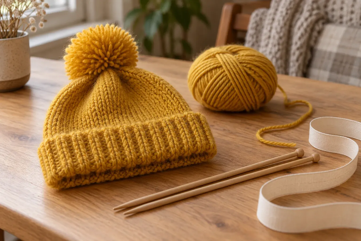 Bonnet enfant tricoté à pompon posé sur une table en bois avec pelote et aiguilles