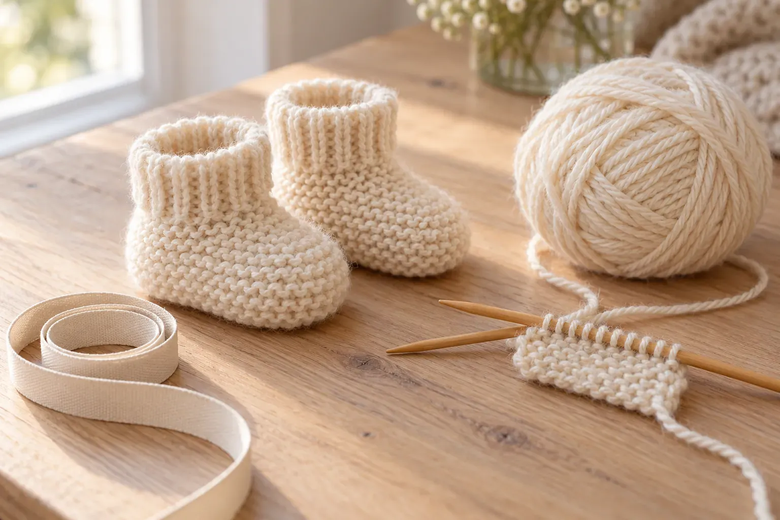 Paire de chaussons bébé tricotés au point mousse, près d'une pelote et d'aiguilles