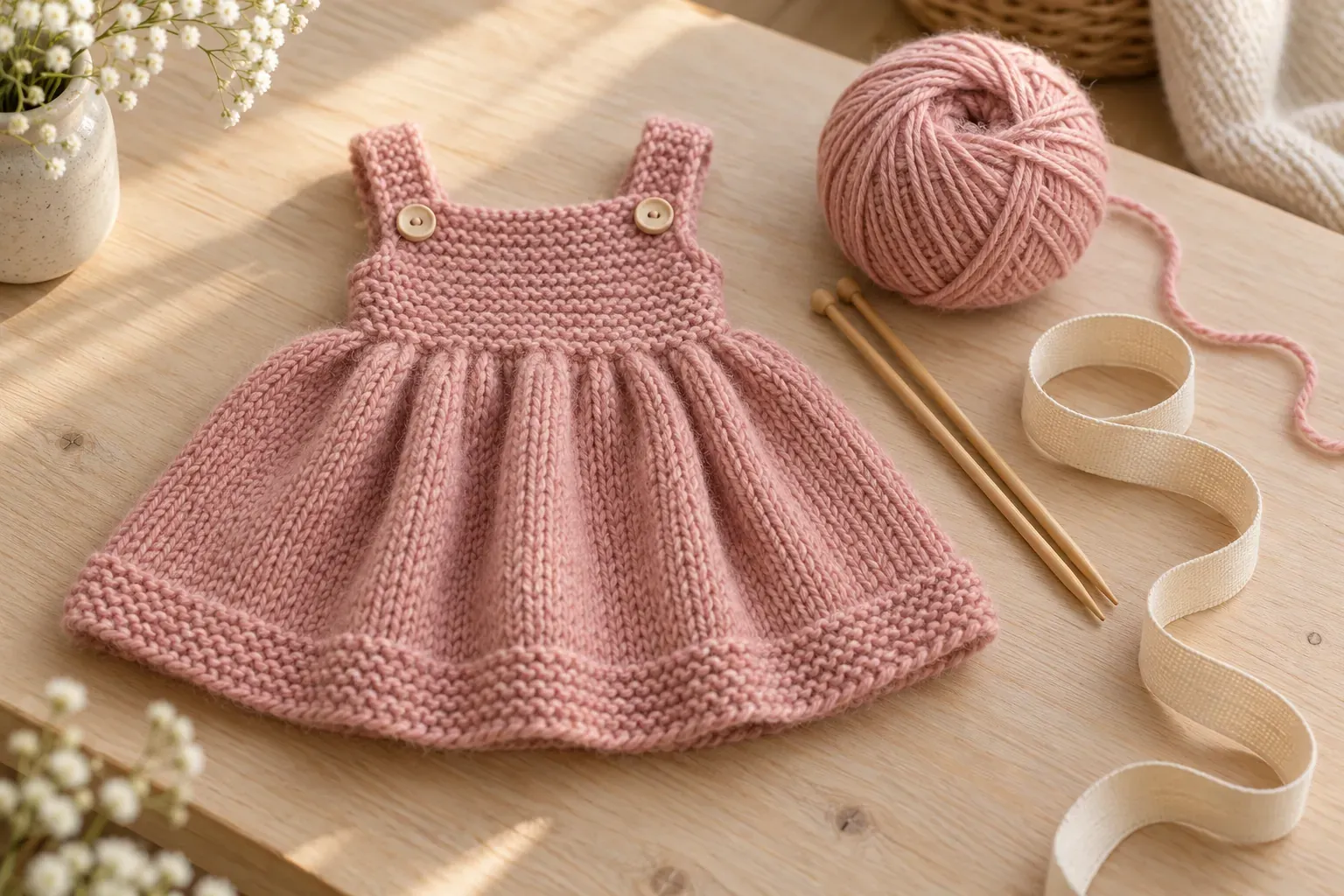 Robe de poupée tricotée en laine rose posée sur une table avec aiguilles et pelote