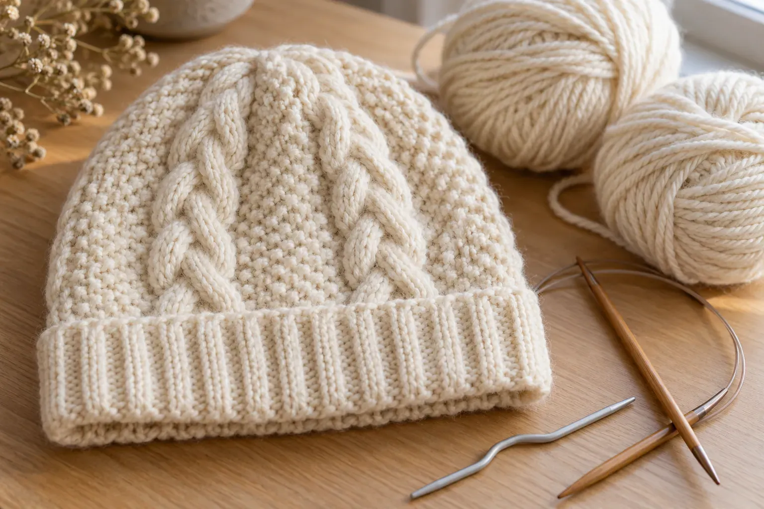 Bonnet adulte tricoté au point de riz avec torsades, posé près de pelotes et d'aiguilles