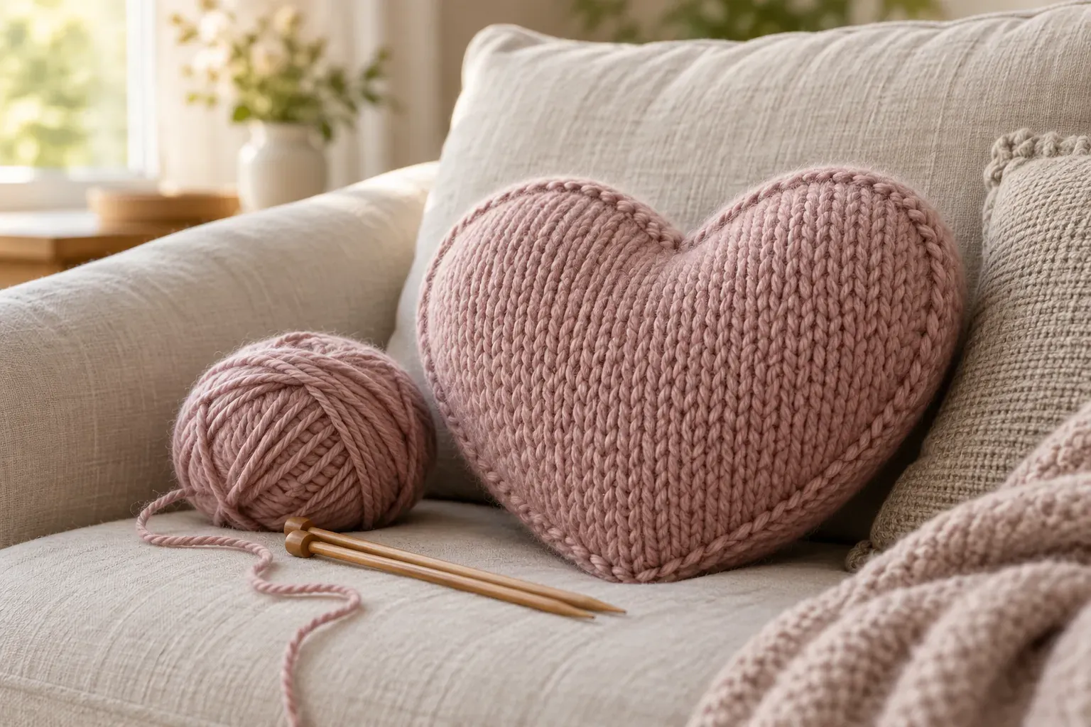 Coussin cœur tricoté en laine rose, pelote et aiguilles posées à côté sur un plaid