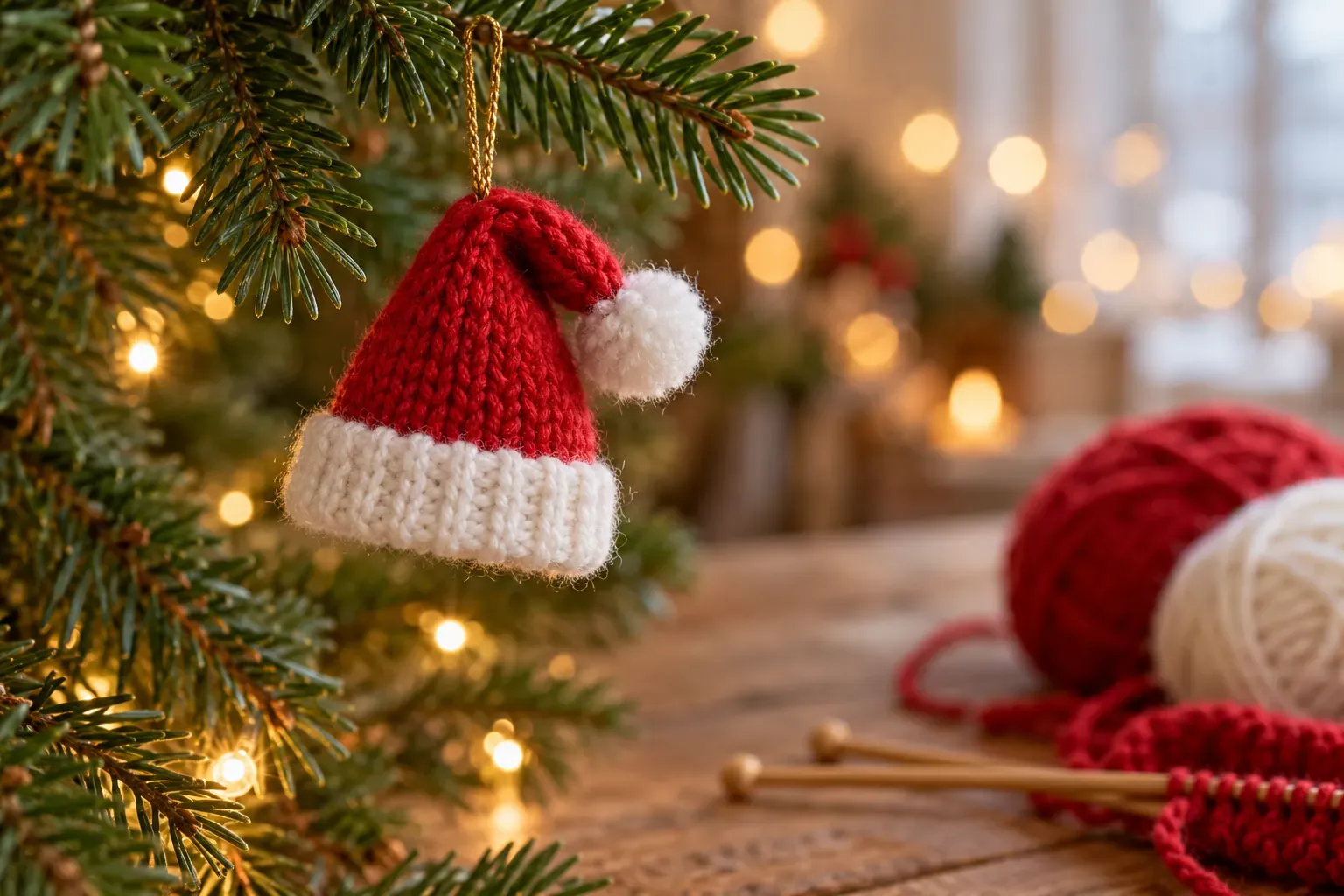 Mini bonnet de Père Noël tricoté rouge et blanc suspendu à une branche de sapin